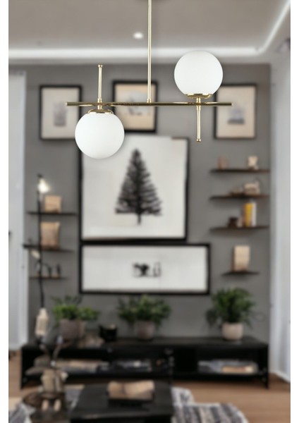 Çello Modern Tasarım - Metal Gold Renk Beyaz Camlı Yemek Masası Üstü -Salon 2 Li Avize