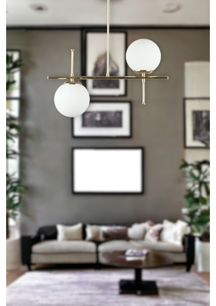 Çello Modern Tasarım - Metal Gold Renk Beyaz Camlı Yemek Masası Üstü -Salon 2 Li Avize fiyatları