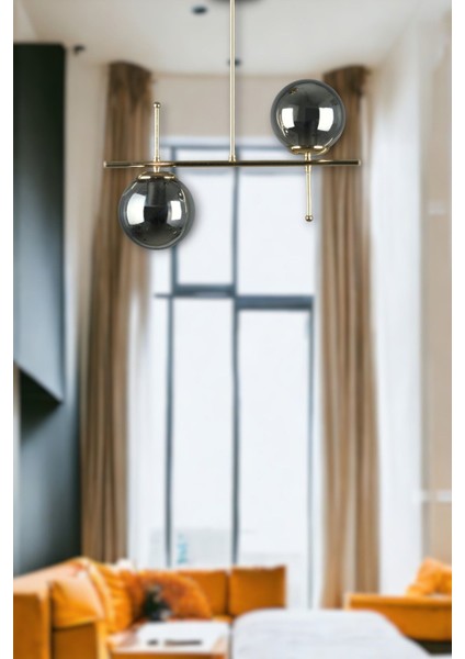 Çello Modern Tasarım - Metal Gold Renk Füme Camlı Yemek Masası Üstü -Salon 2 Li Avize modelleri