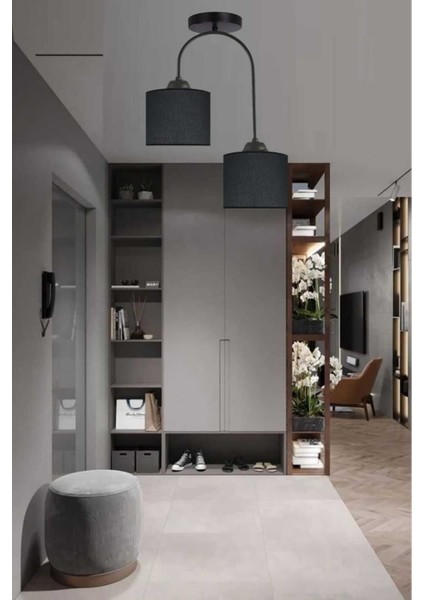 Janin Modern Dekoratif Siyah Renk Plof Salon - Mutfak - Yatak Odası 2 Li Siyah Kumaş Başlıklı Avize