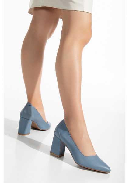 Kadın Hakiki Deri Klasik Kalın Topuklu Ayakkabı 2616 Klasik Mavi 40