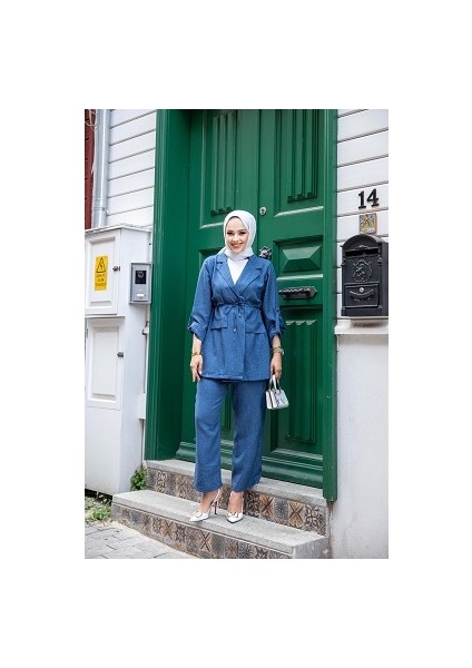 Beli Bağlamalı Ceket ve Pantolonlu Keten Takım fiyatları