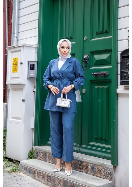 Beli Bağlamalı Ceket ve Pantolonlu Keten Takım fırsatları