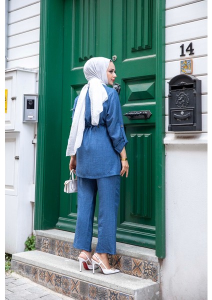 Beli Bağlamalı Ceket ve Pantolonlu Keten Takım indirimleri