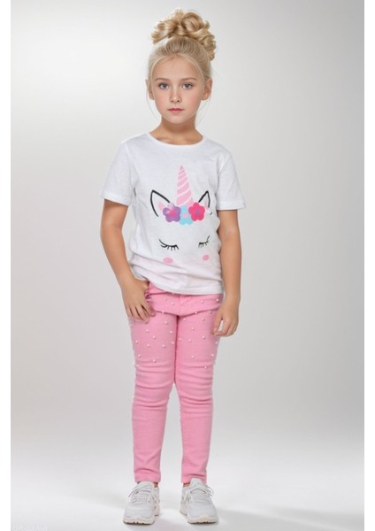 Kız Çocuk Unicorn Baskılı Tişört Boncuk Işlemeli Pembe Pantolon Alt Üst Takım