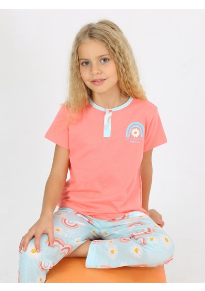 Kız Çocuk Kısa Kollu %100 Pamuklu Düğme Detaylı Rainbow Pijama Takımı