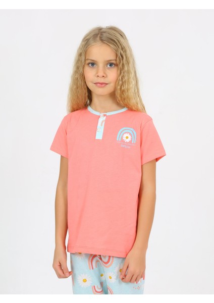 Kız Çocuk Kısa Kollu %100 Pamuklu Düğme Detaylı Rainbow Pijama Takımı fiyatları