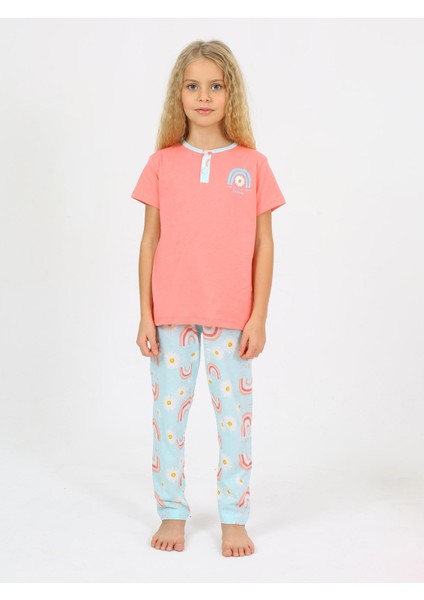 Kız Çocuk Kısa Kollu %100 Pamuklu Düğme Detaylı Rainbow Pijama Takımı fırsatları