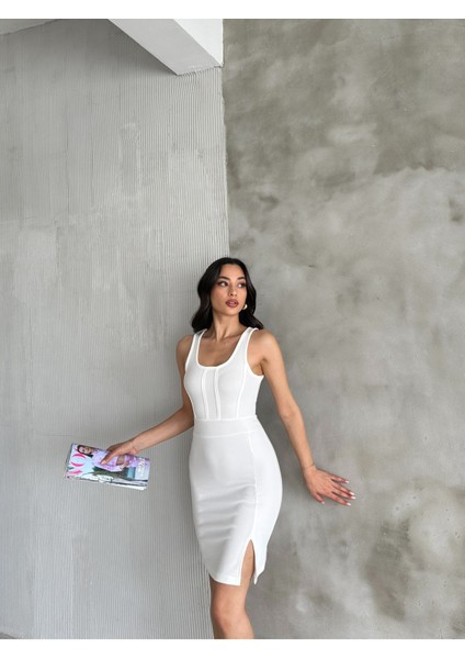 Moda Deniz Kadın Ottoman Kumaş Yırtmaçlı Korse Görünümlü Elbise indirimleri