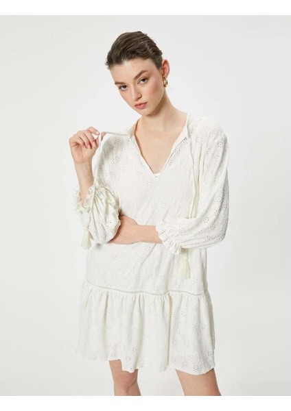 Fistolu Elbise Uzun Kollu Yakası Bağlamalı - Koton - 4SAK80373EK - Ekru - S