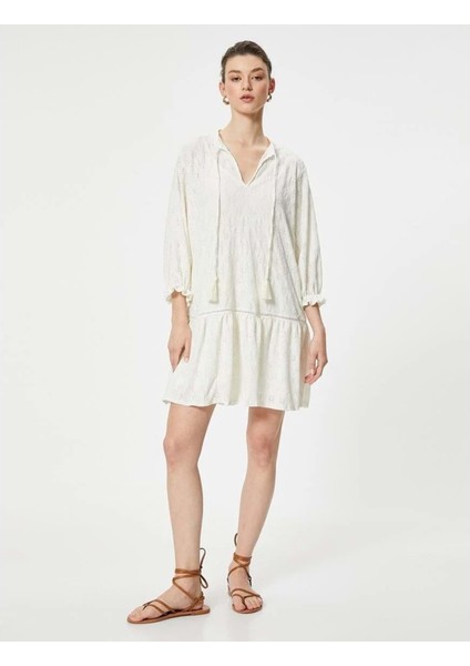 Fistolu Elbise Uzun Kollu Yakası Bağlamalı - Koton - 4SAK80373EK - Ekru - S fiyatları