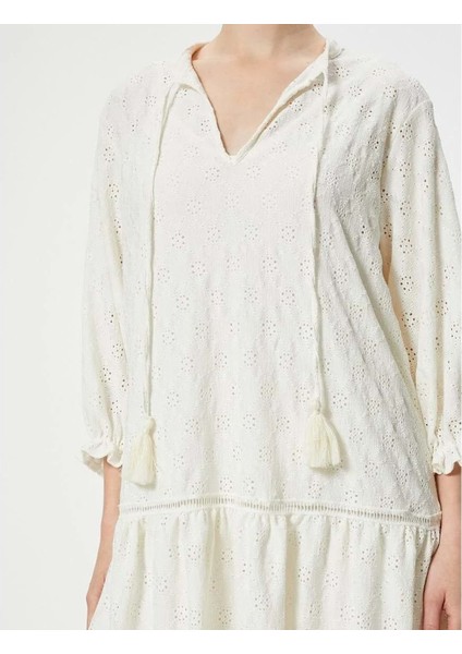 Fistolu Elbise Uzun Kollu Yakası Bağlamalı - Koton - 4SAK80373EK - Ekru - S modelleri