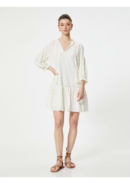 Fistolu Elbise Uzun Kollu Yakası Bağlamalı - Koton - 4SAK80373EK - Ekru - S indirimleri