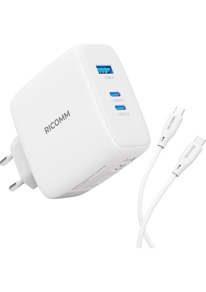 100W Gan 3 Portlu Usb-C + Usb-A Şarj Aleti Qc5.0 Pd Macbook Notebook Uyumlu Type-C Hızlı Şarj Cihazı + 100W Şarj Kablosu