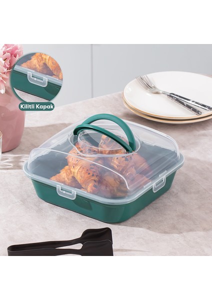 Soft Yeşil Pasta Kek Börek Saklama Kabı - Plastik Pasta Börek Taşıma Çantası - Kilitli Kek Fanusu