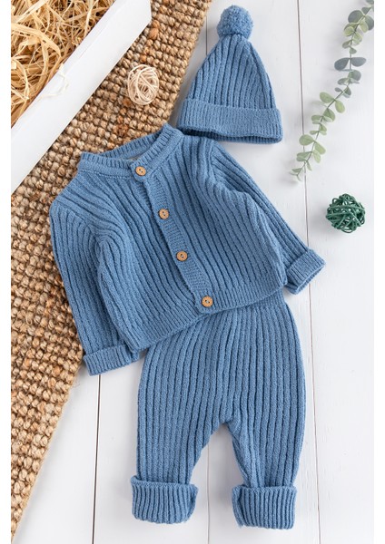 Unisex Kışlık Bebek Takımı Triko Hırka ve Bere ile 3-6 Ay Erkek Çocuklar İçin