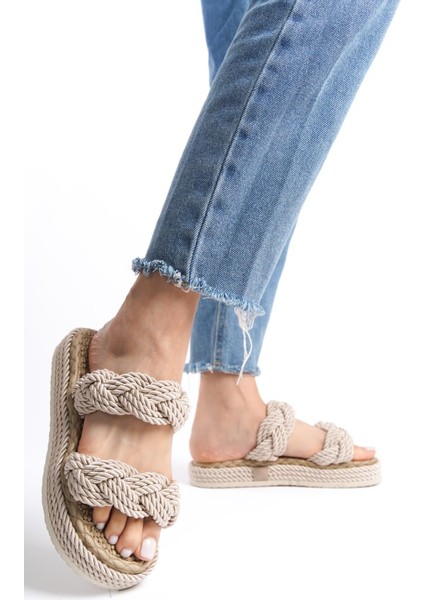 Kadın Çift Bantlı Örgü Detaylı Kalın Topuk Rahat Günlük Terlik fiyatları