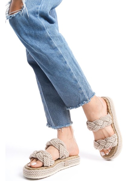 Kadın Çift Bantlı Örgü Detaylı Kalın Topuk Rahat Günlük Terlik modelleri