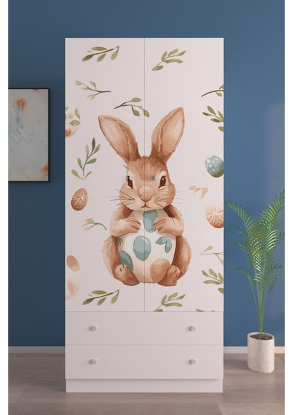 Çocuk Odası 2 Kapaklı Pretty Rabit Gardırop 5 Raflı 2 Çekmeceli Askılı Elbise Dolabı