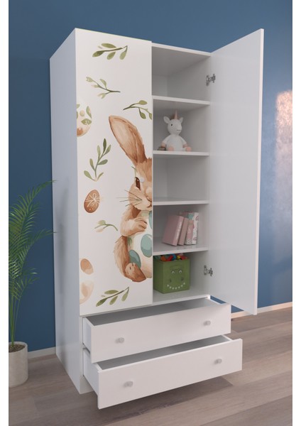 Çocuk Odası 2 Kapaklı Pretty Rabit Gardırop 5 Raflı 2 Çekmeceli Askılı Elbise Dolabı modelleri