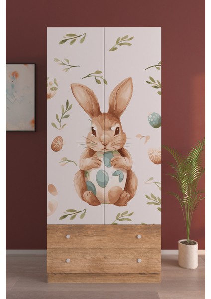 Çocuk Odası 2 Kapaklı Pretty Rabit Gardırop 5 Raflı 2 Çekmeceli Askılı Elbise Dolabı