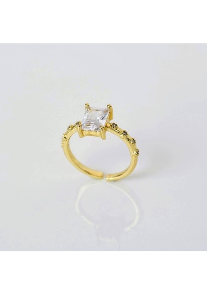 Dörtgen Baget Taş Yüzük Ayarlanabilir Zirkon Gold