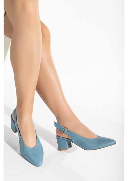 Kadın Hakiki Deri Bilekten Bağlı Toka Detaylı Topuklu Ayakkabı 2633 Klasik Mavi 41
