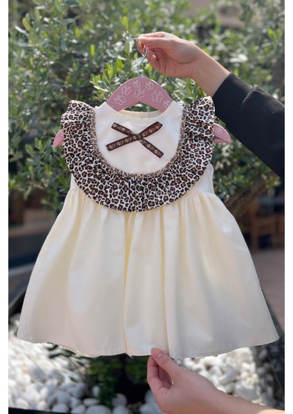 Leopar Fırfırlı Kız Çocuk Bebek Ekru Pamuk Elbise