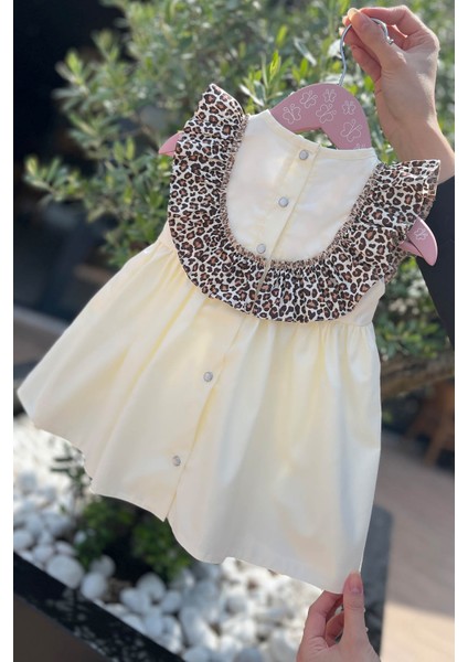 Leopar Fırfırlı Kız Çocuk Bebek Ekru Pamuk Elbise