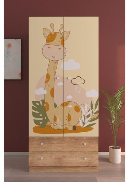 Çocuk Odası 2 Kapaklı Cute Giraffe Gardırop 5 Raflı 2 Çekmeceli Askılı Elbise Dolabı