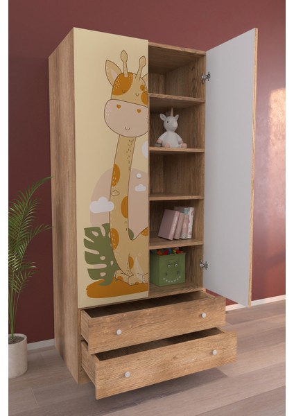 Çocuk Odası 2 Kapaklı Cute Giraffe Gardırop 5 Raflı 2 Çekmeceli Askılı Elbise Dolabı modelleri