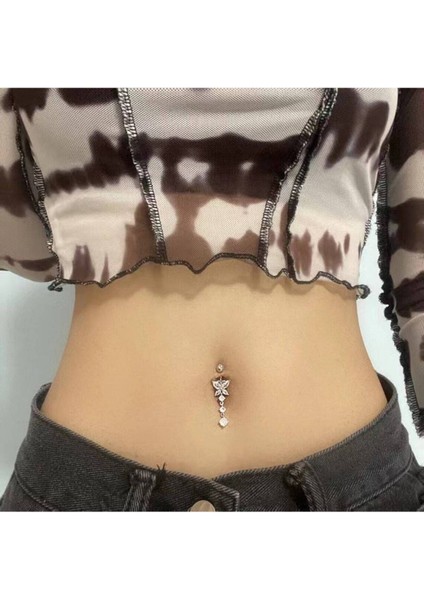 Cerrahi Çelik Kelebek 316 L Göbek Piercing Zirkon Taşlı Sallantılı Belly Button Model Paslanmaz