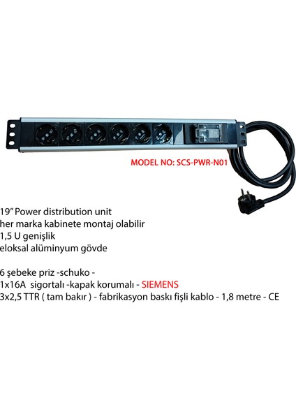 Kabinet Prizi - 19"inch , 6lı Şebeke , Sigortalı , Kablolu Power Grubu ( 6x Şebeke Schuko Grup Priz ) fiyatları