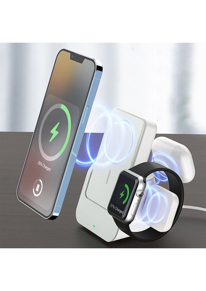 Apple Watch iPhone Airpodss Uyumlu 10.000 mAh Magsafe Powerbank ve Kablosuz Hızlı Şarj Standı 3 in 1