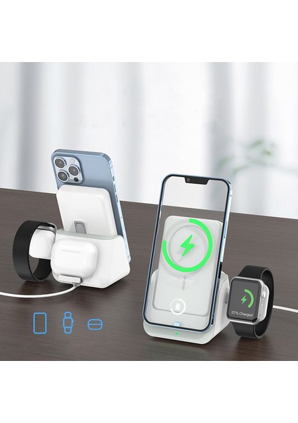 Apple Watch iPhone Airpodss Uyumlu 10.000 mAh Magsafe Powerbank ve Kablosuz Hızlı Şarj Standı 3 in 1