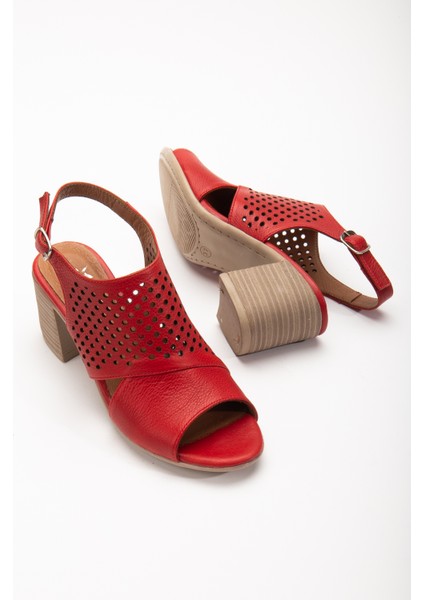 Kadın Deri Yazlık Lazer Kesim Topuklu Sandalet 2208 Yazlık Kırmızı 36 fiyatları