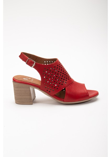 Kadın Deri Yazlık Lazer Kesim Topuklu Sandalet 2208 Yazlık Kırmızı 36 modelleri