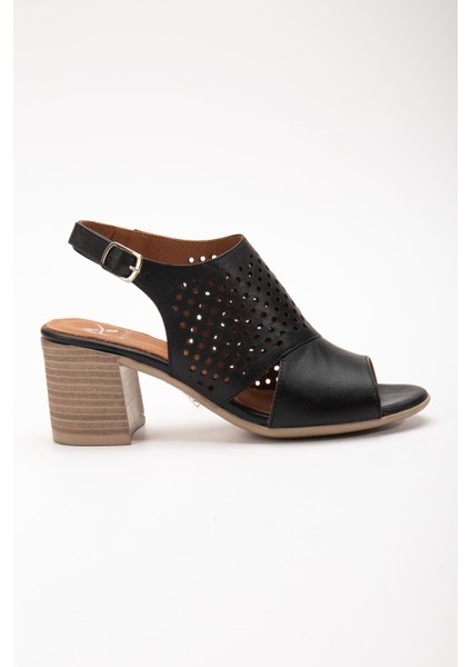 Kadın Deri Yazlık Lazer Kesim Topuklu Sandalet 2208 Yazlık Sıyah 36 modelleri