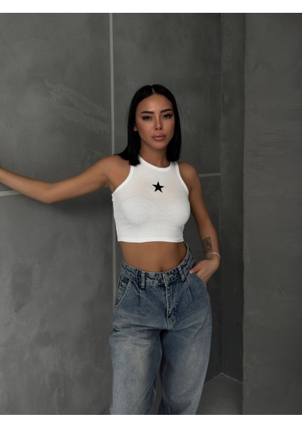 Beyaz Yıldız Baskılı Nakışlı Halter Yaka Askılı T-Shirt Crop