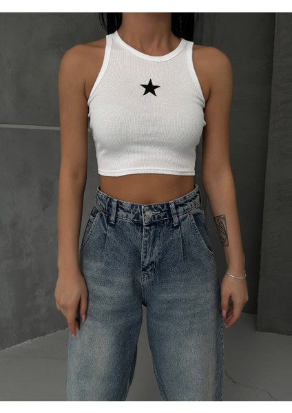 Beyaz Yıldız Baskılı Nakışlı Halter Yaka Askılı T-Shirt Crop