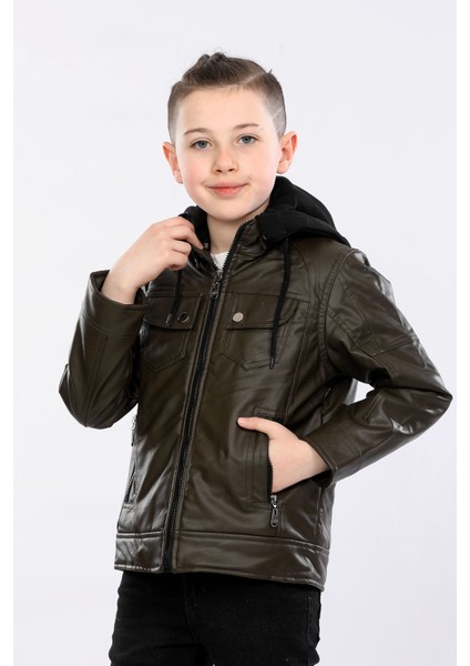 Erkek Çocuk Içi Kürklü Kapişonlu Su Geçirmez Suni Deri Mont AVM032VF