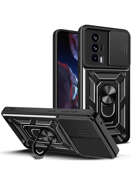 Xiaomi Poco F5 Pro Kılıf Standlı Manyetik Yüzüklü Kamera Sürgülü Ultra Koruma Tank Zırh Kapak