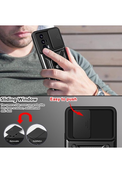 Xiaomi Poco F5 Pro Kılıf Standlı Manyetik Yüzüklü Kamera Sürgülü Ultra Koruma Tank Zırh Kapak