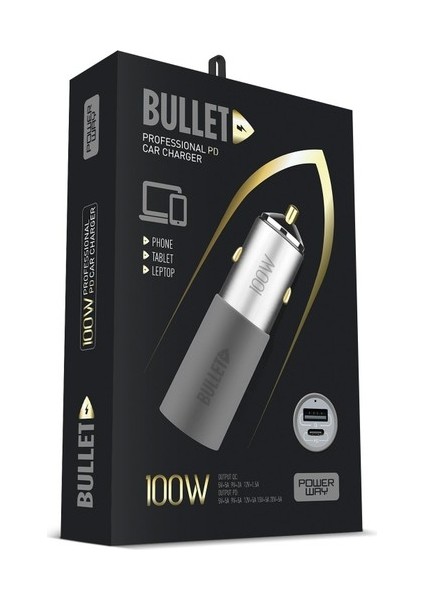 Bullet 100W Araç Çakmaklık Şarj Cihazı Type-C ve USB Çıkışlı Profesyonel Turbo Hızlı Araç Şarj