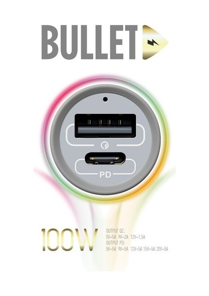 Bullet 100W Araç Çakmaklık Şarj Cihazı Type-C ve USB Çıkışlı Profesyonel Turbo Hızlı Araç Şarj