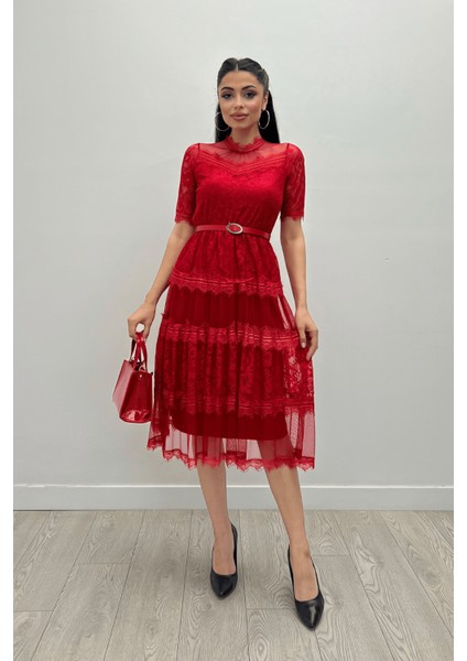 Tül Kumaş Dantel Detaylı Midi Elbise - Kırmızı fiyatları
