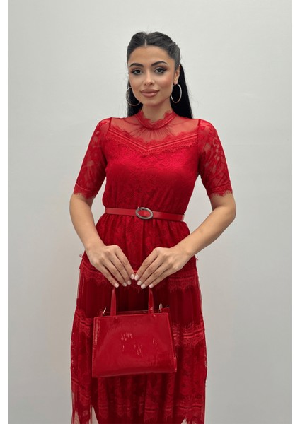 Tül Kumaş Dantel Detaylı Midi Elbise - Kırmızı modelleri