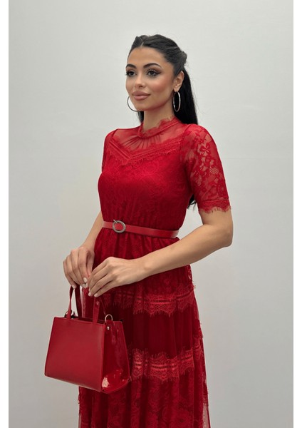 Tül Kumaş Dantel Detaylı Midi Elbise - Kırmızı fırsatları