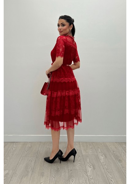 Tül Kumaş Dantel Detaylı Midi Elbise - Kırmızı indirimleri