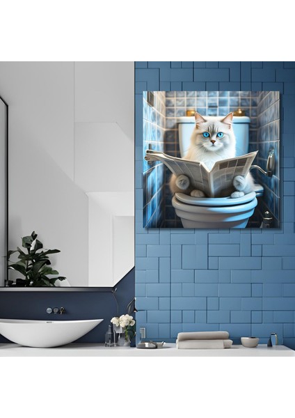 Tekli Kare Kanvas Banyo Tablosu Gazete Okuyan Beyaz Scottish Fold